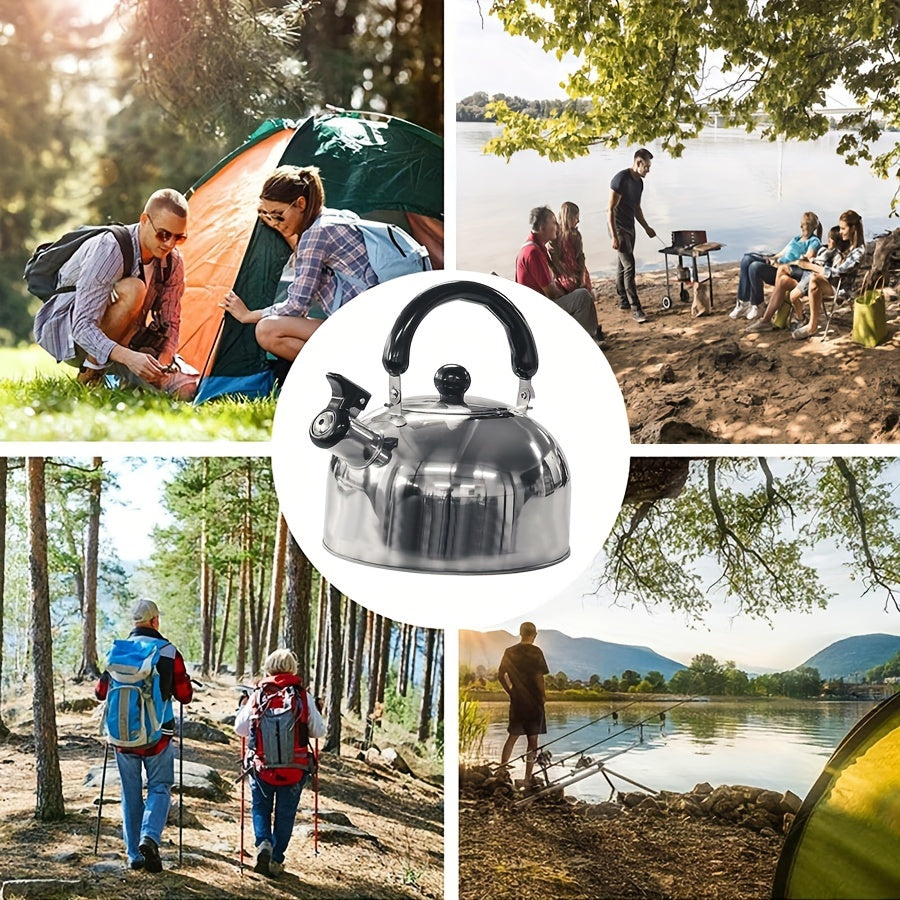 Portable Stainless Steel Whistling Kettle with 2L Capacity for Camping, Travel, and Outdoor Cooking - Includes Folding Handle for Safety