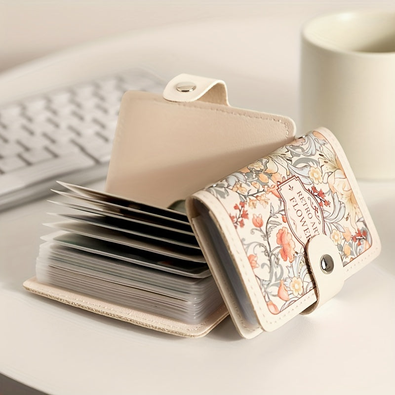 Compact floral credit card holder with delicate design, multiple card slots, and large capacity for driver's license, business cards, and documents.