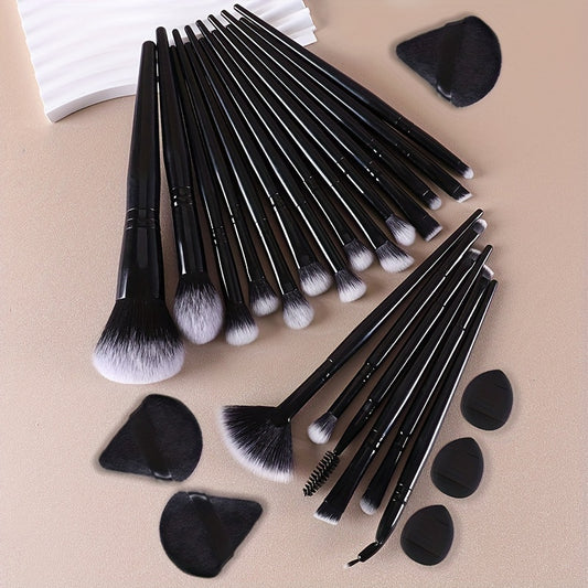 28pc Makeup Brush Set with various brushes for face and eyes, includes beauty sponges and puffs, suitable for all skin types.