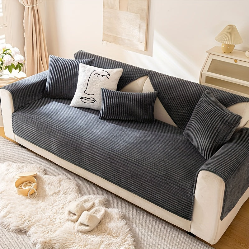 Thick plush sofa cover with stripes for winter, non-slip and anti-dirty. Modern style for home protection and decoration.