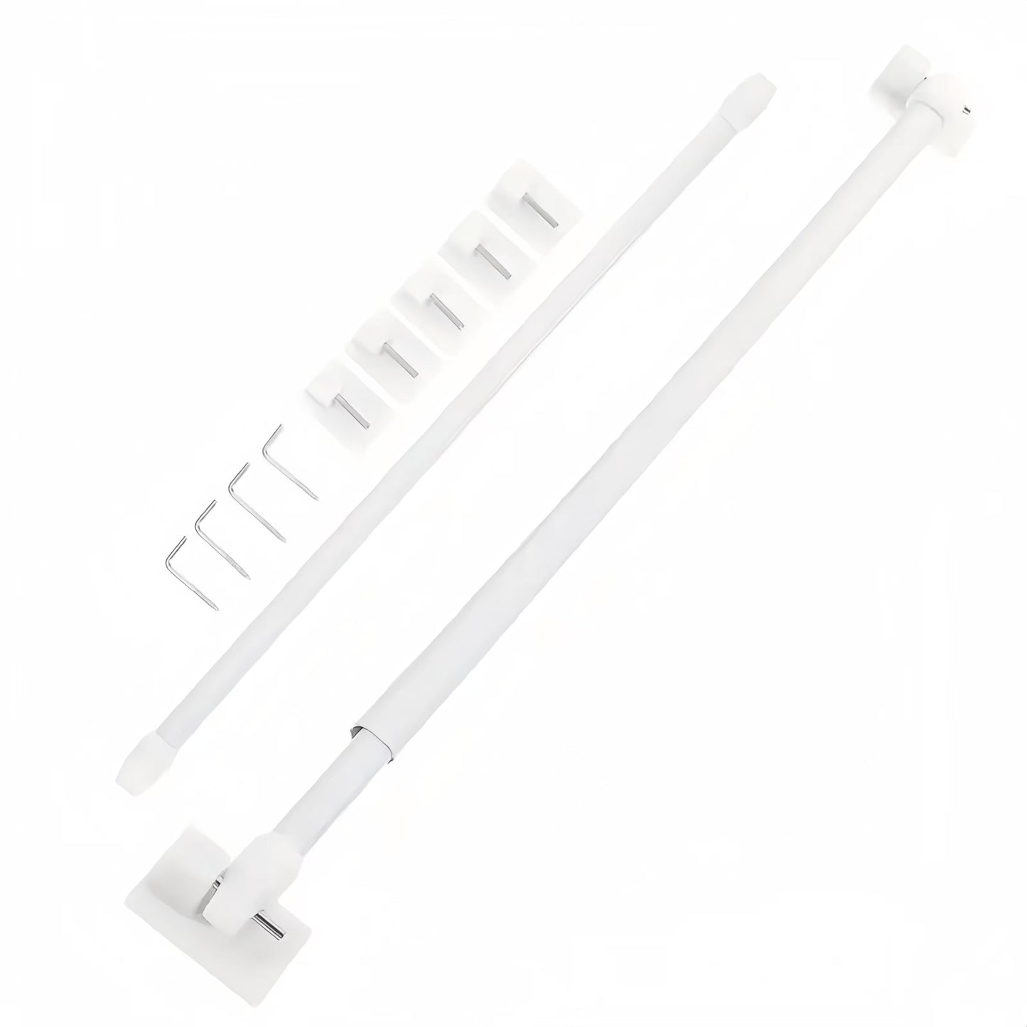 Two small curtain rods with retractable and adjustable features, includes four 7-shaped screws and five adhesive plastic supports.