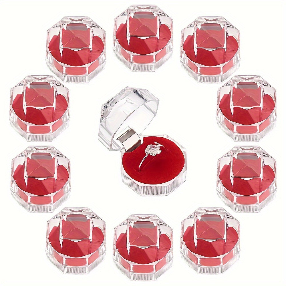 10 elegant octagonal crystal clear plastic ring boxes with metal interior - ideal for jewelry display, weddings, parties, and as jewelry boxes.