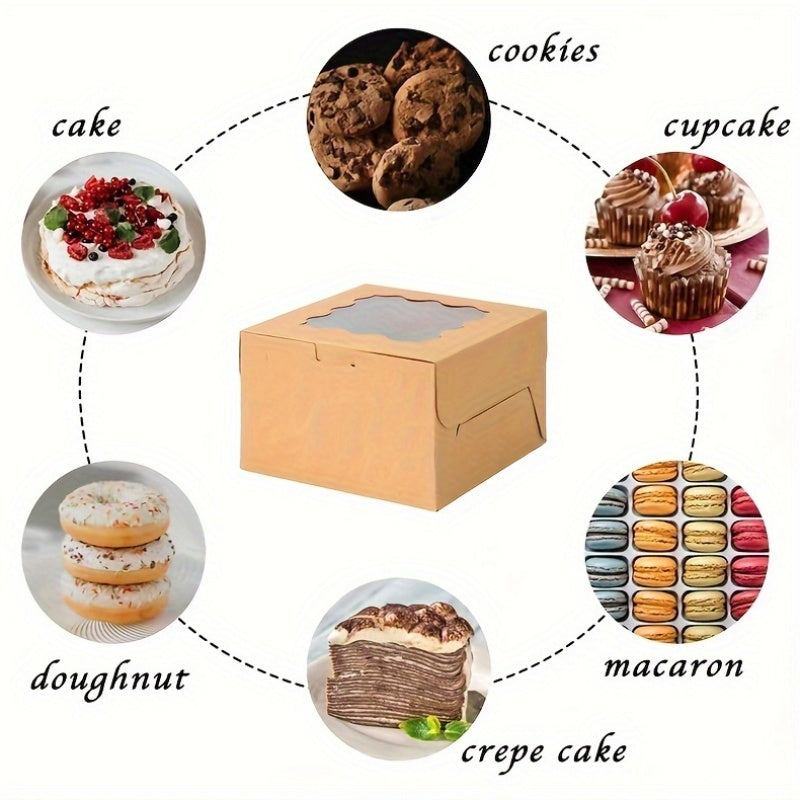 Box of 30 brown bakery boxes with windows, perfect for packing cookies, cakes, and macarons. These disposable paper bread containers have a square flip top design, ideal for packaging desserts and supporting small businesses.