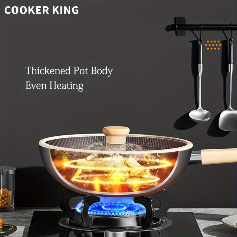 The COOKING KING Non-Stick Stainless Steel Wok Pan with Lid is PFOA Free and safe to use in the dishwasher and oven. It is also compatible with induction cooktops, making it a perfect choice for home kitchens.