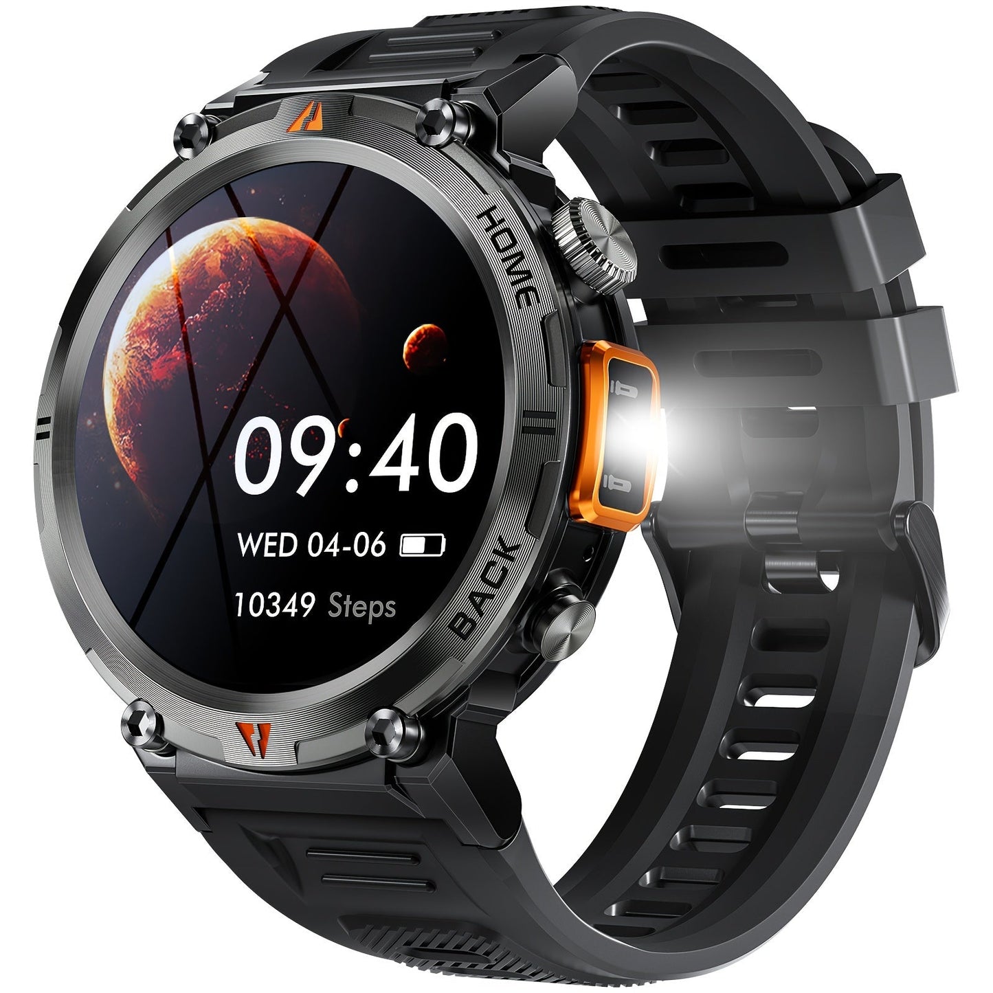 EIGIIS KE3 Men's Smartwatch offers a high-definition touch display, built-in LED flashlight, and the ability to receive calls and texts. It also includes a fitness tracker with a pedometer feature, designed for use with both iPhone and Android devices.