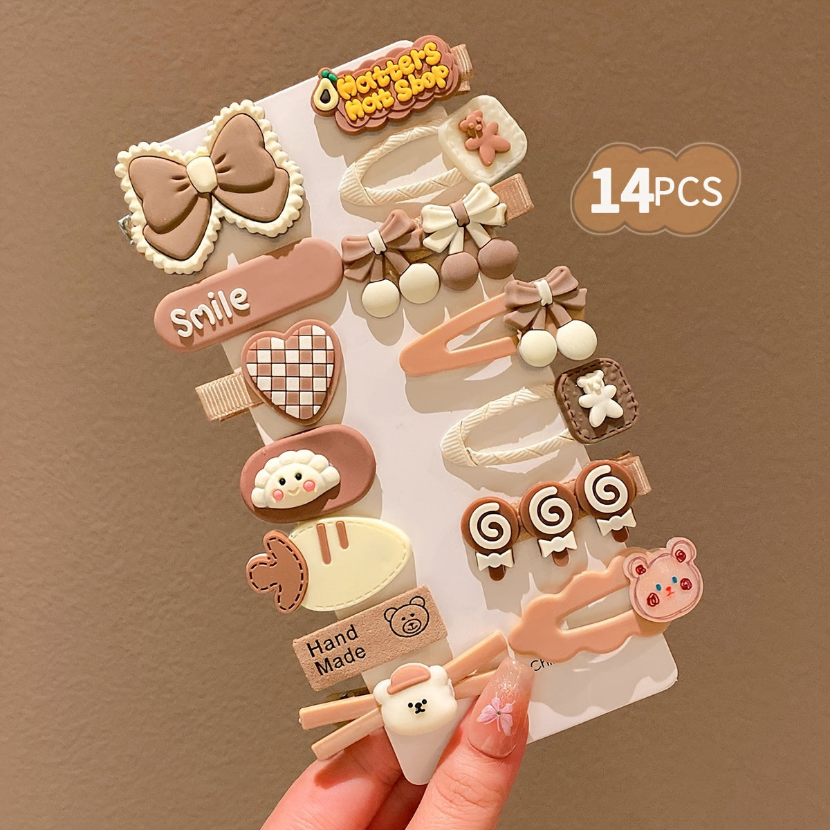 10/14/24pcs Brown Hair Clip Girls Autumn/Winter Style Headwear Cartoon Clip, LEMON LOVE