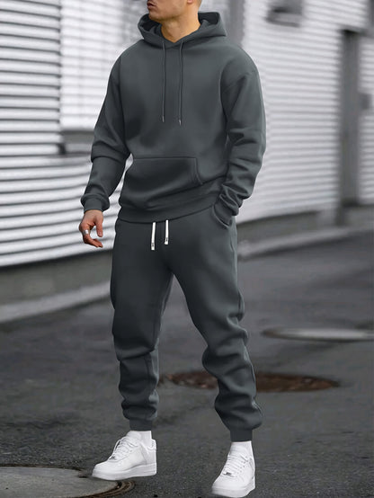 Men's Casual Sportswear Set - Solid Color Hoodie & Joggers, Polyester Blend, Machine Washable - Ideal for Spring/Fall