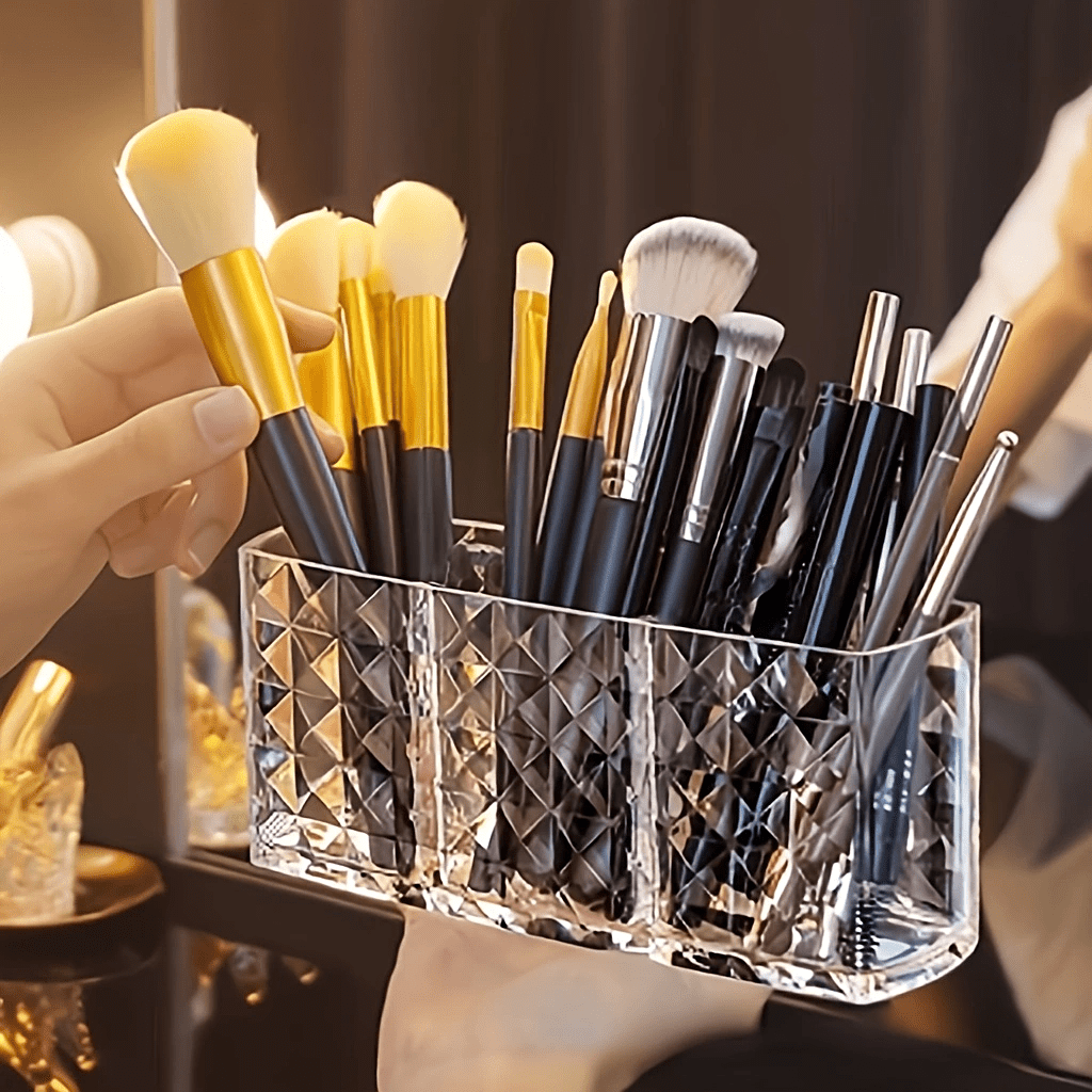 3-compartment clear makeup organizer made of polished acrylic; lightweight and hypoallergenic; perfect for storing brushes, eyebrow pencils, and lipsticks. No installation required.