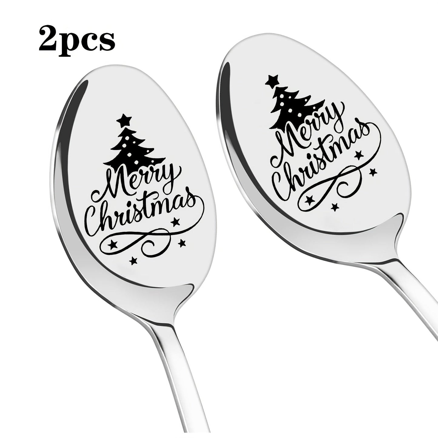 Stainless steel spoon set featuring laser-carved designs, ideal for gifting on birthdays and Christmas. Make the holidays special for Mom, Dad, and the whole family with these festive Merry Christmas tree themed spoons. Perfect for wives, husbands