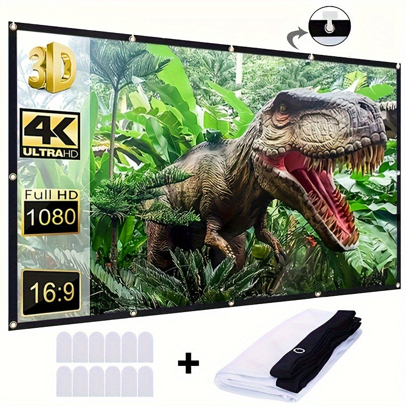 150-inch foldable 4K Ultra HD projector screen with wrinkle-proof polyester fabric, 16:9 aspect ratio. Ideal for home and outdoor use, compatible with dual-sided projection.