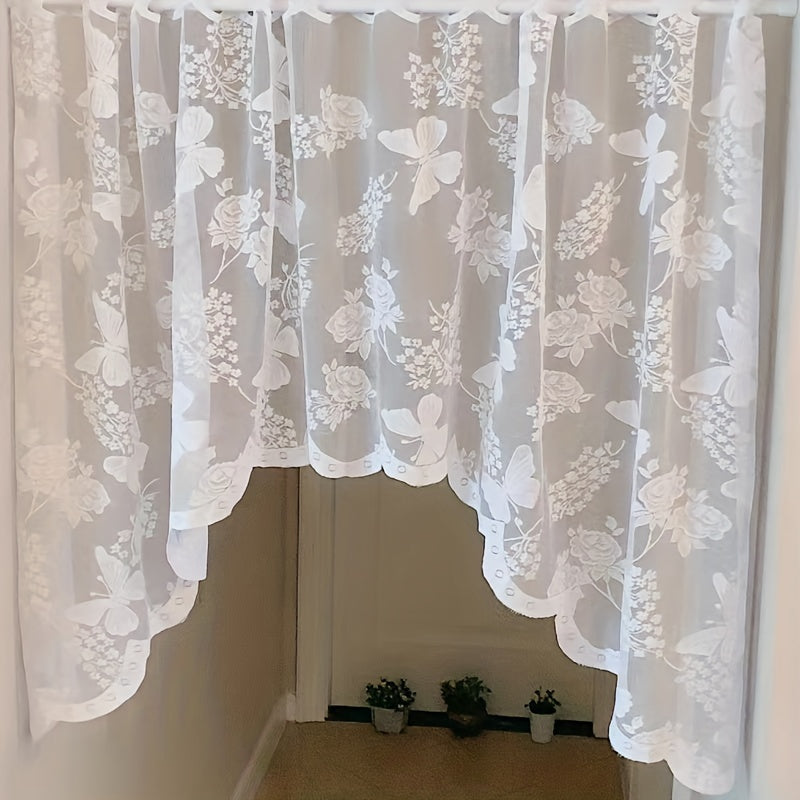 Elegant White Lace Butterfly Floral Curtain - Designed with UV Protection, Rod Pocket for Easy Hanging in Kitchen & Living Room Décor