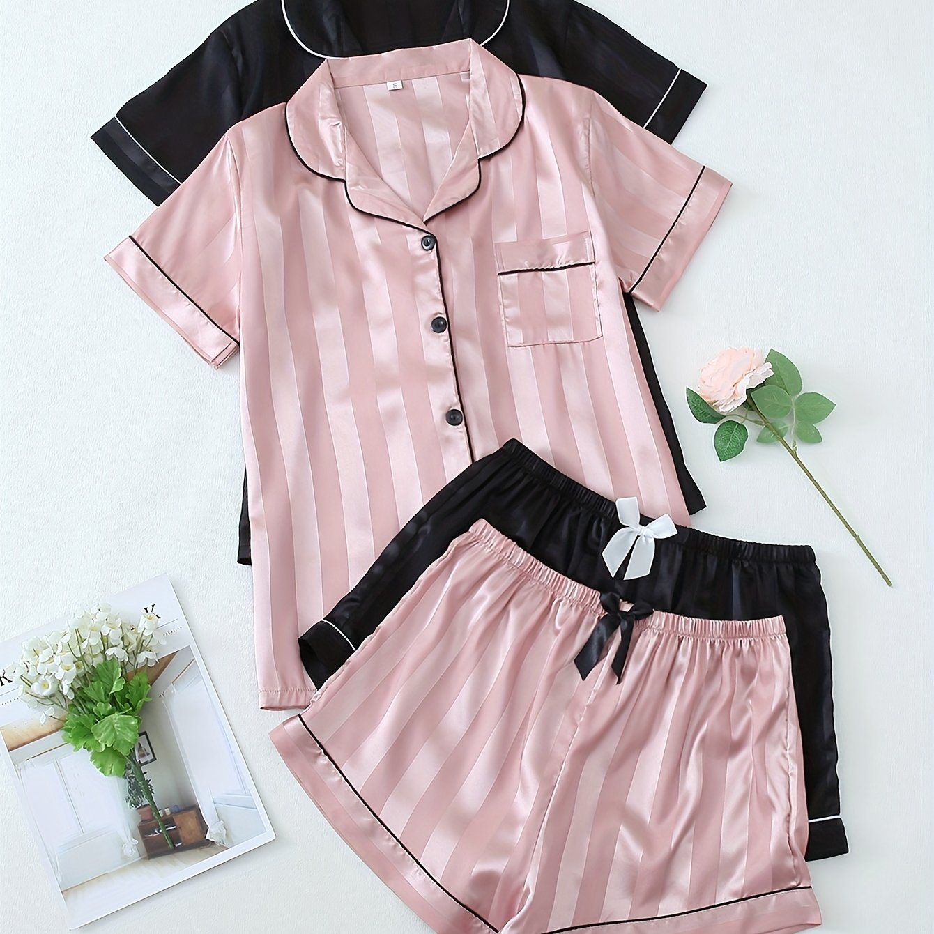 Women's Striped Satin Pajama Set with Short Sleeve Button Top & Shorts, Relaxed Fit