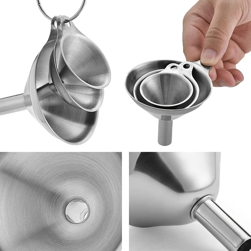 Five kitchen utensils included in the set are a large stainless steel kitchen oil funnel, a wine strainer, a wine hanger, a wine dispenser, and a spoon.