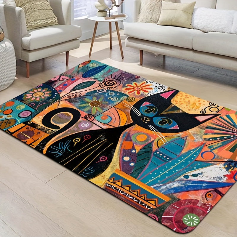 Abstract Art Cat Doormat - Easy to Clean in Washing Machine, Non-Slip PVC Backing, Made of Durable Polyester - Rectangle Mat for Bathroom, Kitchen, Living Room, or Bedroom - Stylish Entryway Decor Rug