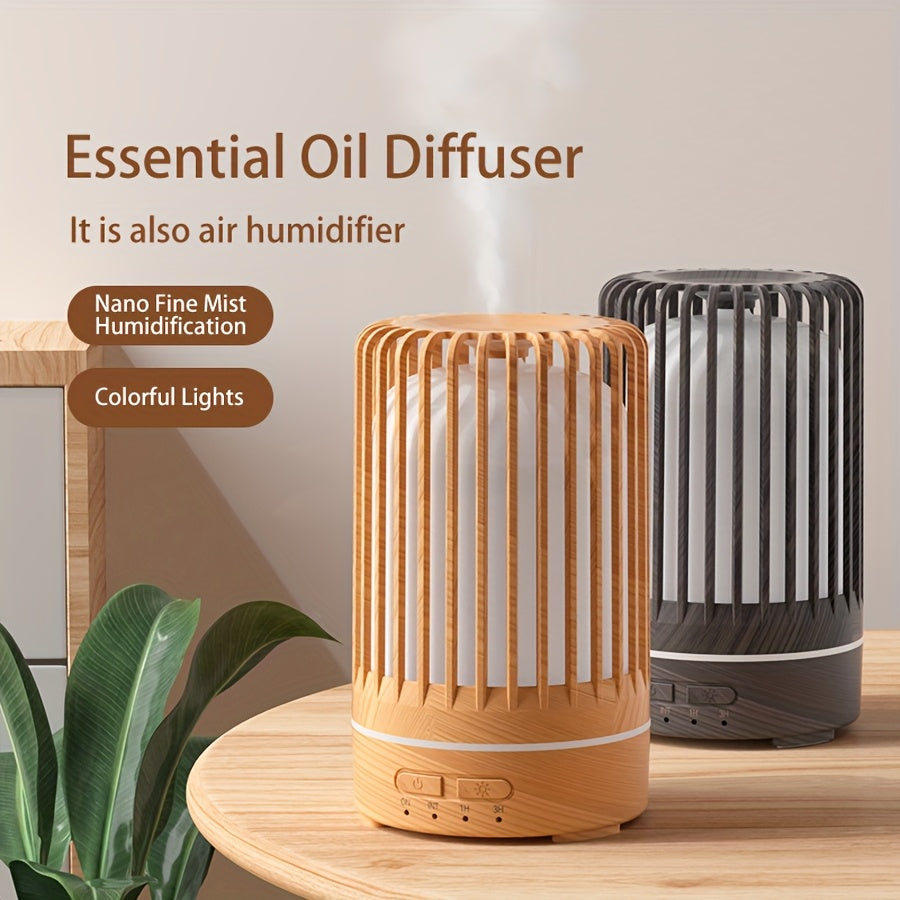 A USB-powered ultrasonic essential oil diffuser with 7-color night light, ideal for bedroom or office.