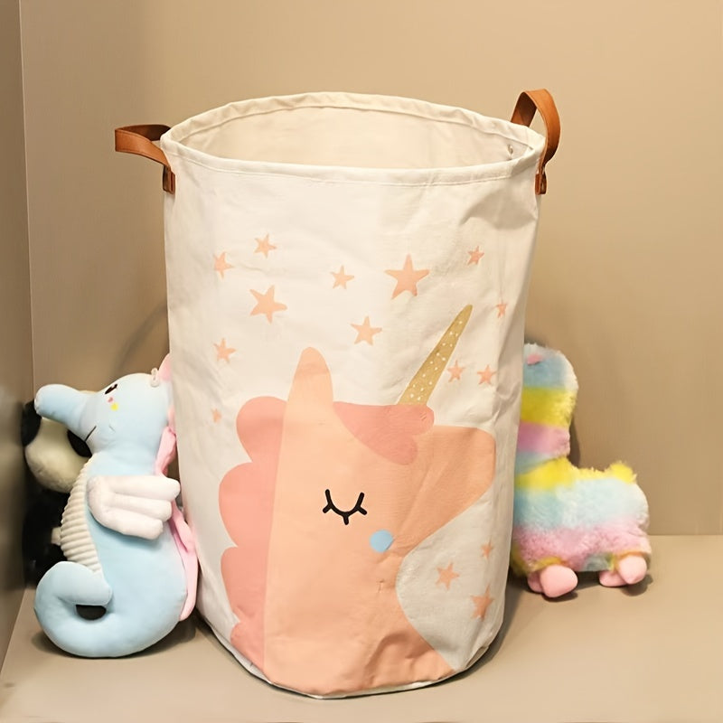 Folding storage bucket with cartoon print for organizing clothes, toys, and trash, featuring a large capacity and waterproof design for convenient home storage.