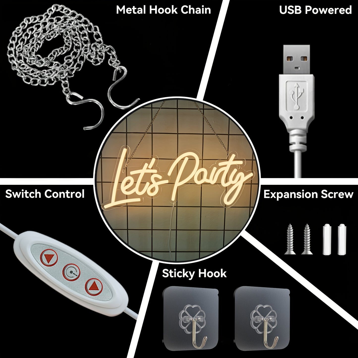 Neon 'Let's Party' sign ideal for festive wall decor in homes, offices, weddings, and holiday parties, powered by USB.