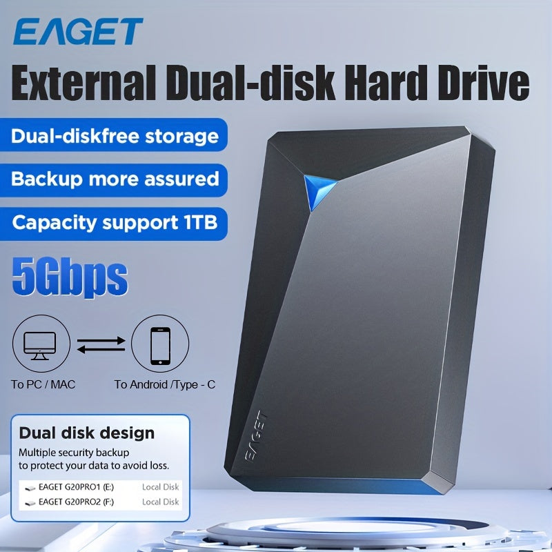 EAGET 1TB Portable Dual-Disk Hard Drive - USB 3.0 External Storage, Plug & Play for all devices - Perfect birthday gift.