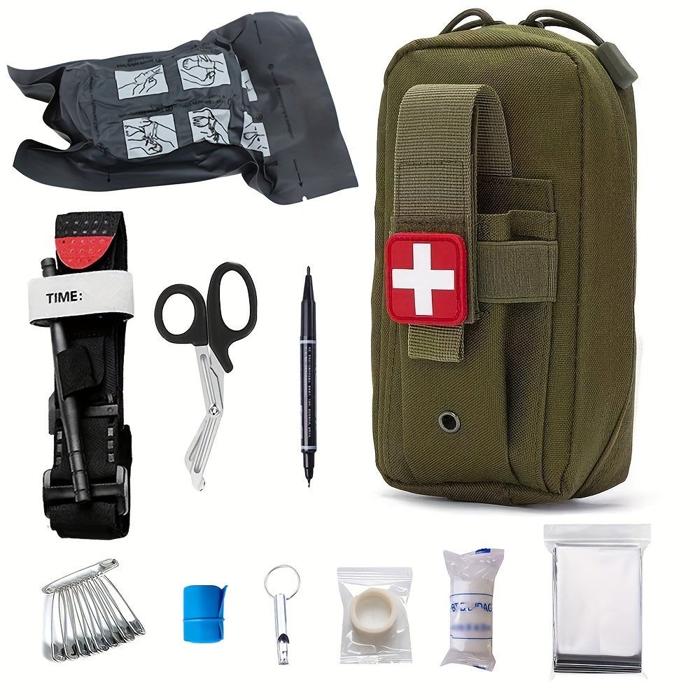 Emergency outdoor adventure equipment set with medical bag, first aid survival kit, tourniquet bag, and camping supplies.