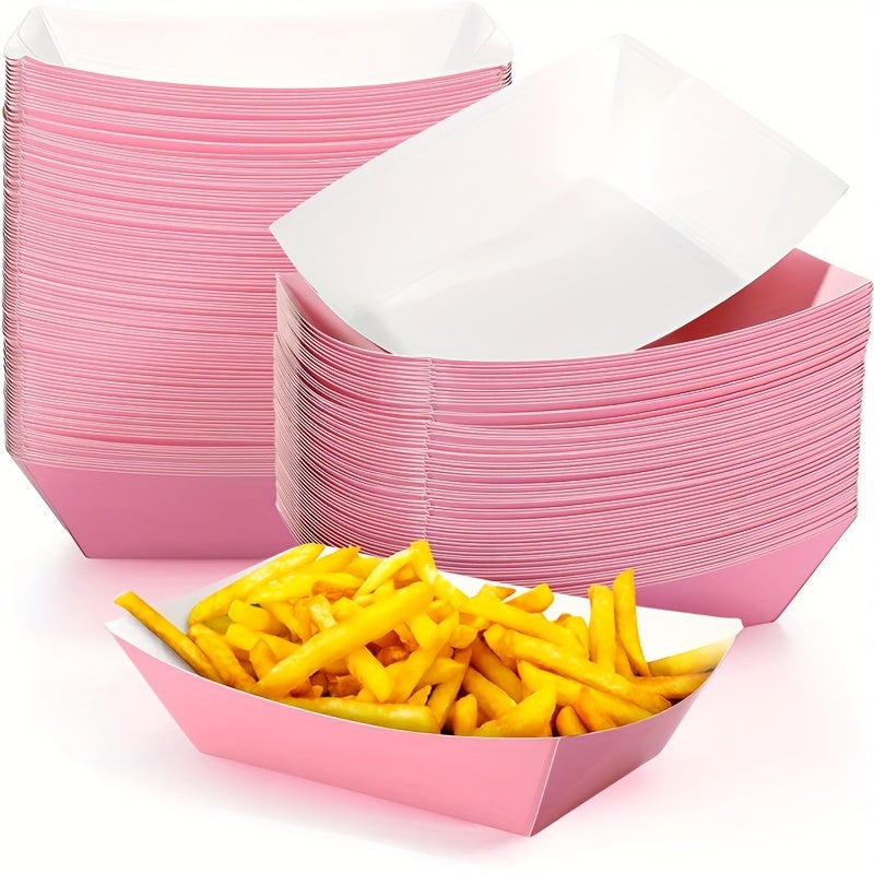 Paper food tray boats, perfect for serving French fries, popcorn, or other snacks at New Year, Christmas parties, gender reveal, birthdays, Valentine's Day, anniversaries, graduations, and family dinner events. Comes in a pack of 10 disposable Kraft