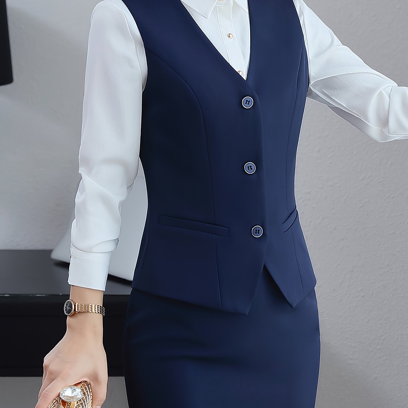 Black V-Neck Sleeveless Blazer with Tie Back, Polyester & Elastane, Ideal for Office - Dark Blue