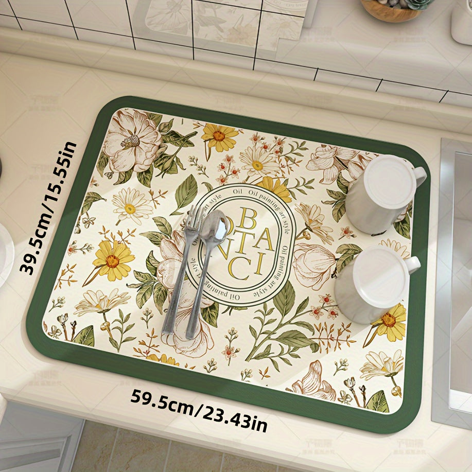 Floral Pattern Coffee Machine Mat, Multi-Functional Dish Drying Pad with Silica Gel Non-Slip Soft Pad for Kitchen and Bathroom. Easy to Clean with Polyester Cover and Silica Gel Material.