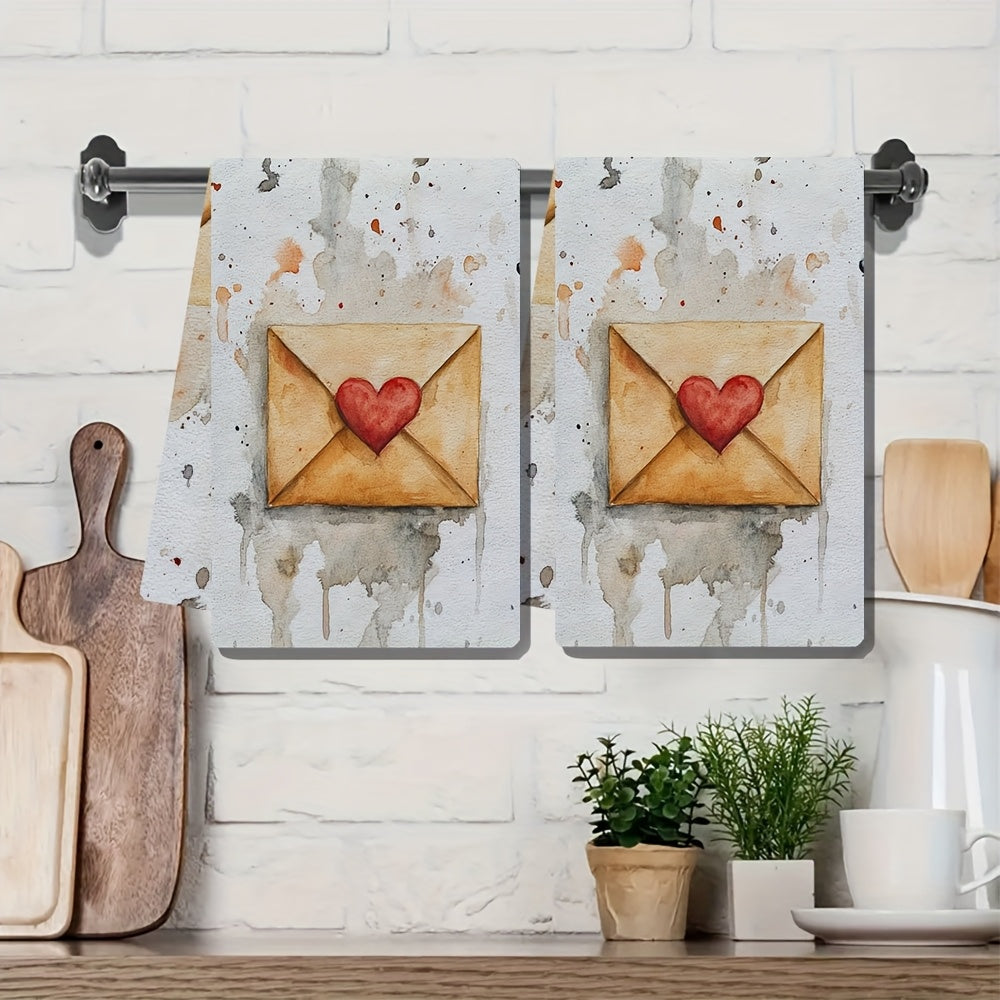 Valentine's Day Kitchen Towels Set - 2 Pieces of Ultra Soft Towels with Whimsical Heart Envelope Design. These Highly Absorbent Dish Hand Towels are Machine Washable and feature a Contemporary Style. Each towel measures 40.64x60.96 cm. Perfect for your