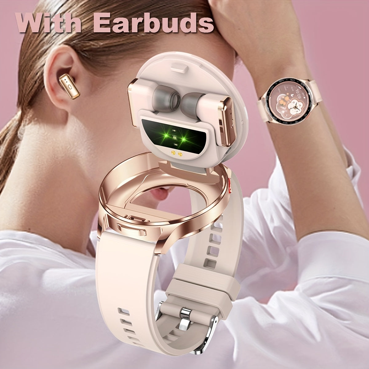 Women's smartwatch with built-in wireless earphone, call answering, music, multiple sports modes, fitness tracking, and a stylish design. Ideal gift for girlfriends and wives.