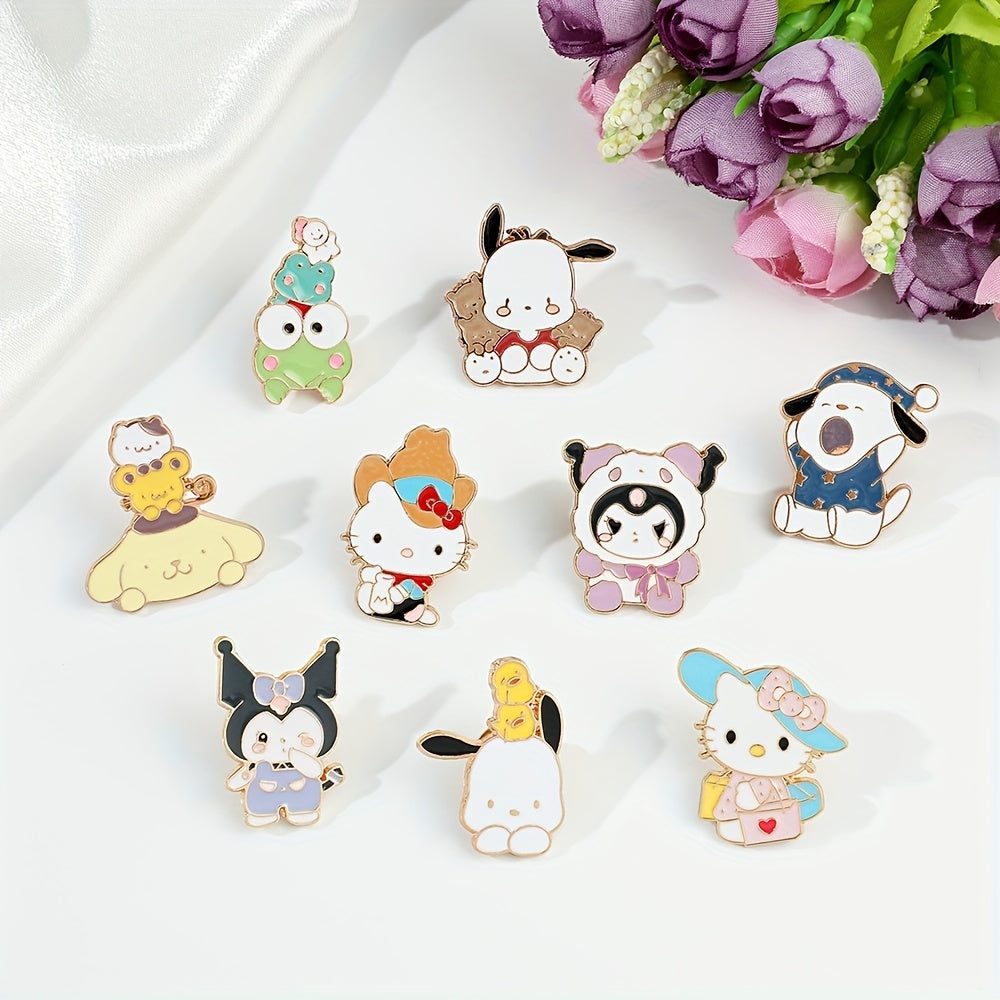 Cute Sanrio Cartoon Kulomi Brooch Set of 9, featuring adorable animal designs with colorful zirconia accents. Made from zinc alloy enamel, perfect for accessorizing backpacks, clothing, and jewelry as a charming holiday gift.