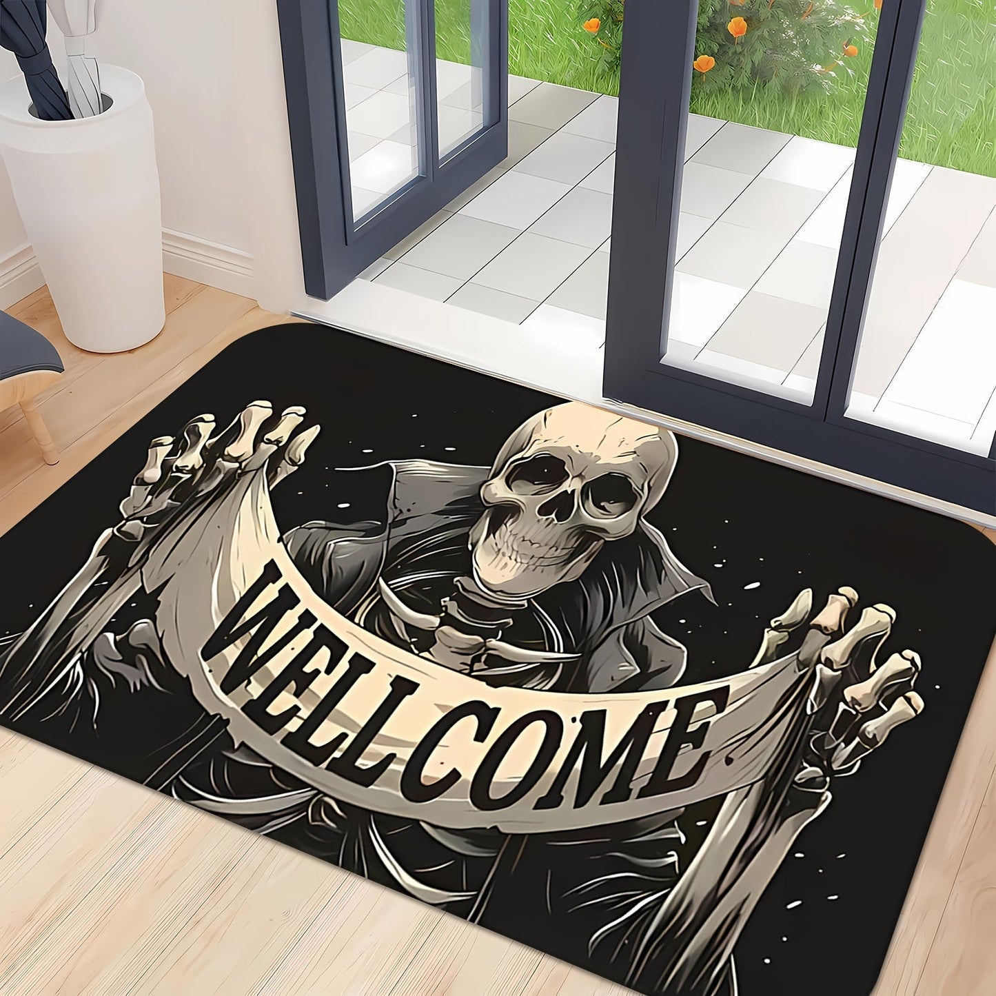 Enhance your home decor with the Halloween Skull Welcome Door Mat. This non-slip, easy-to-clean, stain-resistant rug is made of machine washable flannel memory foam and perfect for use in the bathroom, living room, bedroom, kitchen, office, or vacation