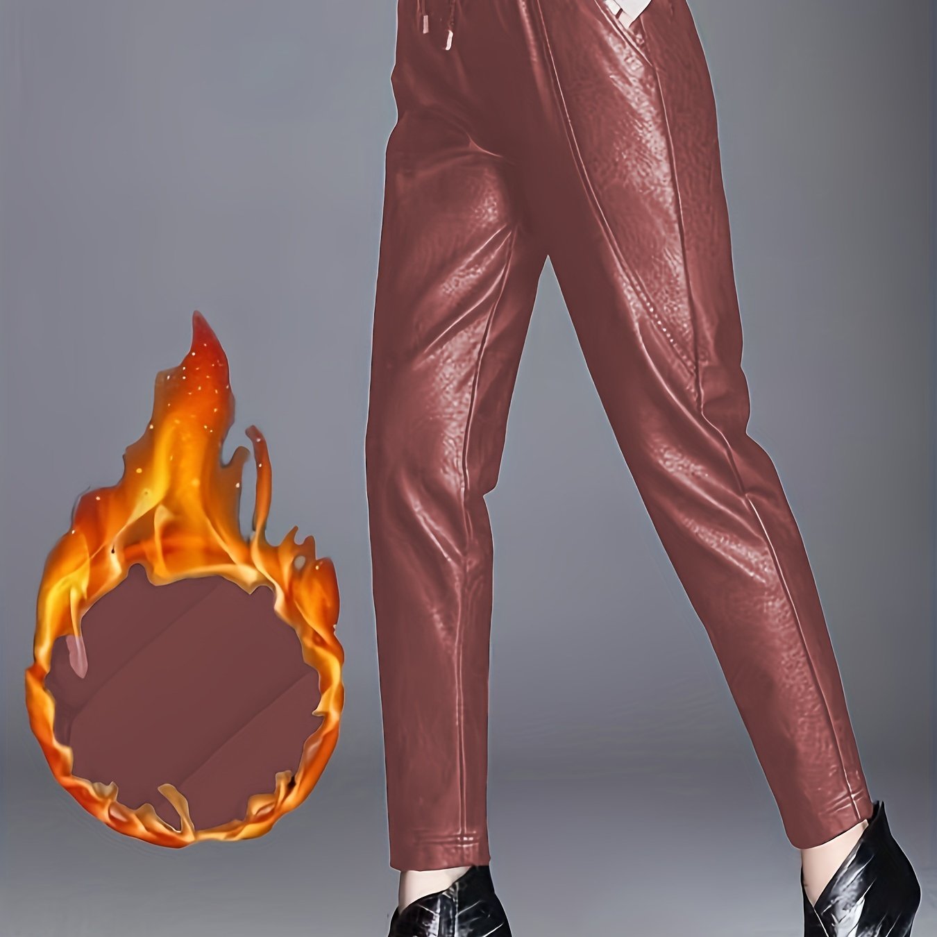 Winter women's faux leather lounge pants with fleece lining, drawstring waist, and pockets.