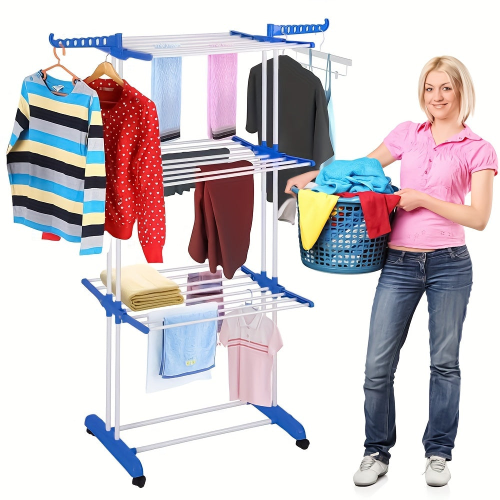 Floor Standing Drying Rack with Movable Telescopic 3-Layer Towel Rack, Multi-Functional Household Balcony/Outdoor Folding Clothes Drying Rack (Roller Type)