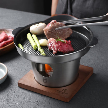 One Piece WAGENSTEIGER Stainless Steel Shabu Shabu Hot Pot - Mini Portable Fondue Set for 1-2 People. Features a Thickened Skillet for Steak Cooking, Multifunctional Home Grill with Stand & Heat-Resistant Base. Fuel-Heated Outdoor Cookware that is Food