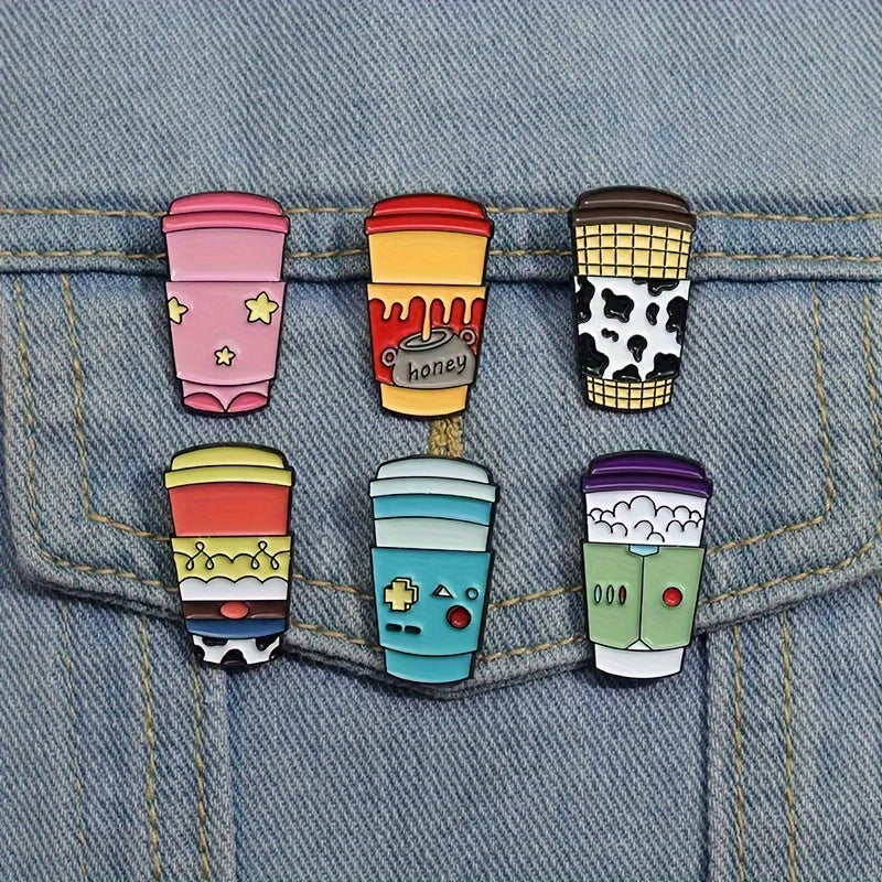 Set of 9 adorable cartoon coffee cup brooches - made of alloy, featuring a fun and simple design to add flair to your clothing accessories