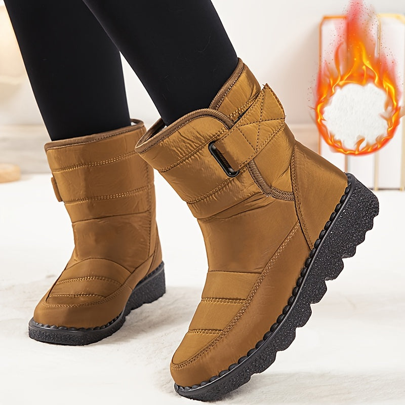 Women's mid-heel snow boots, sizes 36-43, round toe fabric upper, water-resistant PU sole, hook-and-loop closure, all-season winter footwear.