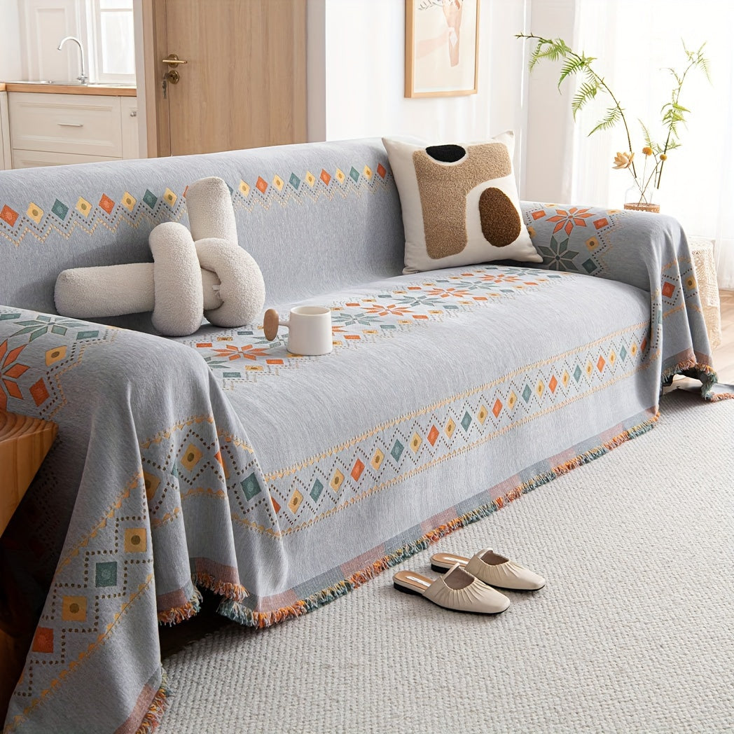 Boho-style sofa cover for all seasons with non-slip feature, suitable for bedroom, office, living room, and home decor.