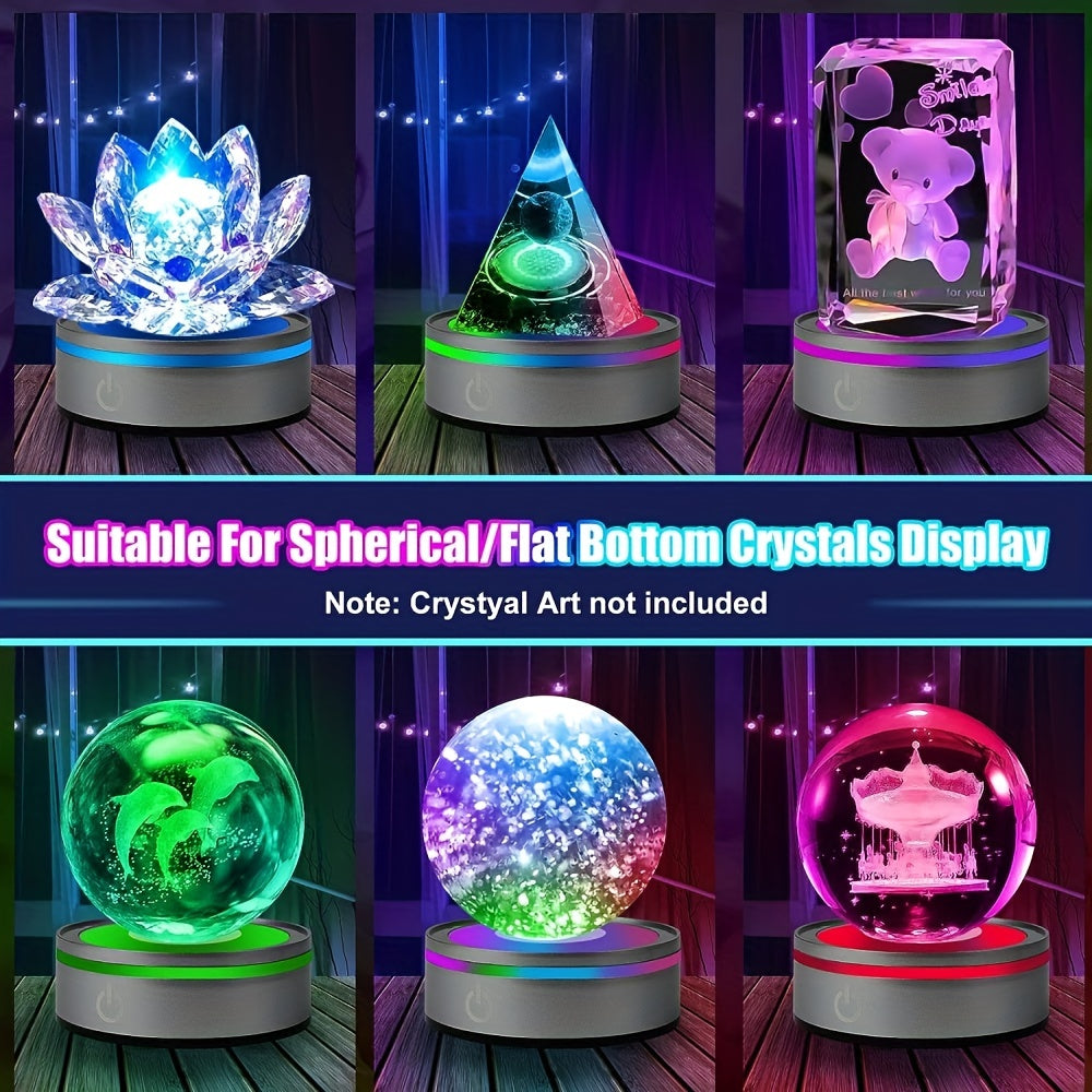 Round plastic LED display stand for 3D crystal, glass, acrylic, or transparent materials. Touch-sensitive color-changing base with rechargeable USB. 7.9*7.9*2.69cm.