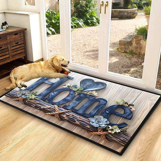 Blue floral "HOME" door mat with non-slip crystal velvet material and rustic wood & stone design, suitable for indoor/outdoor use in various spaces. Modern home decor addition.