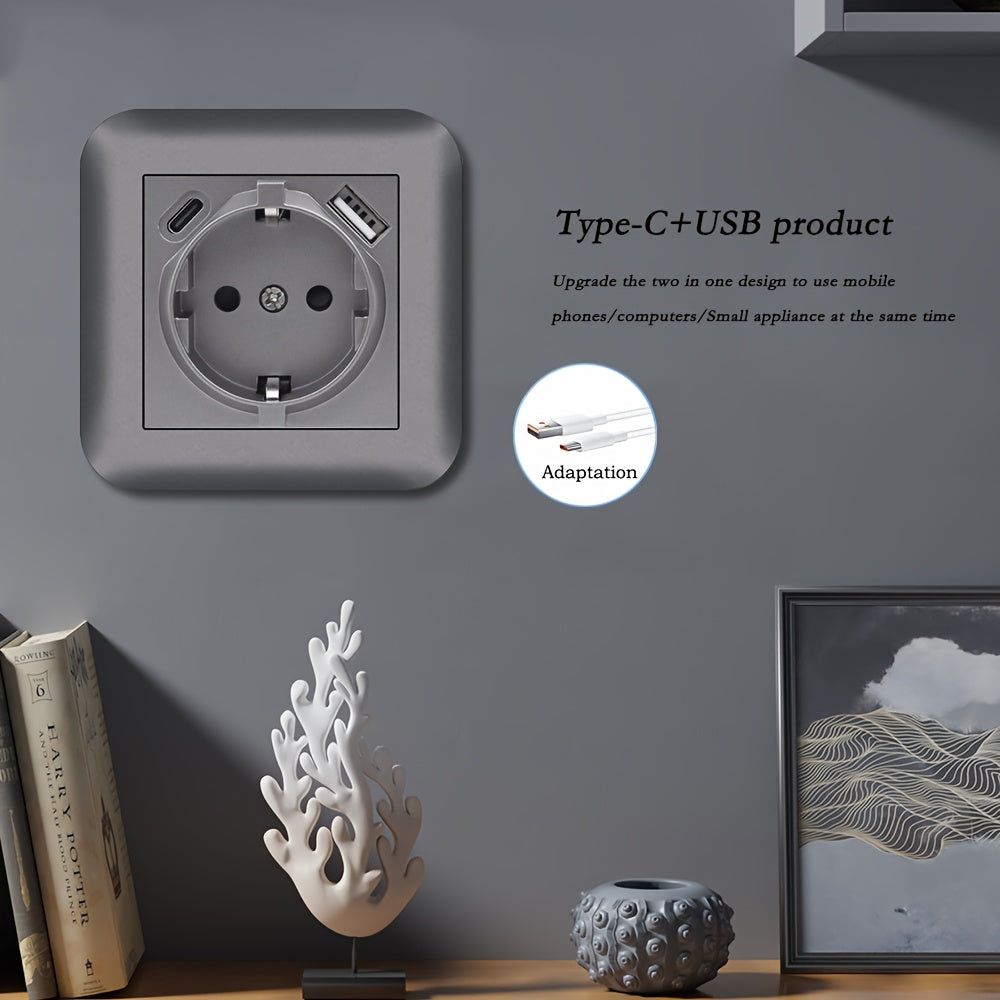 EU Standard 16A Wall Power Socket with USB Port, Type-C, and Flame Retardant Panel in Black/White/Grey - Ideal for Home Appliances, Rounded Edge Design.