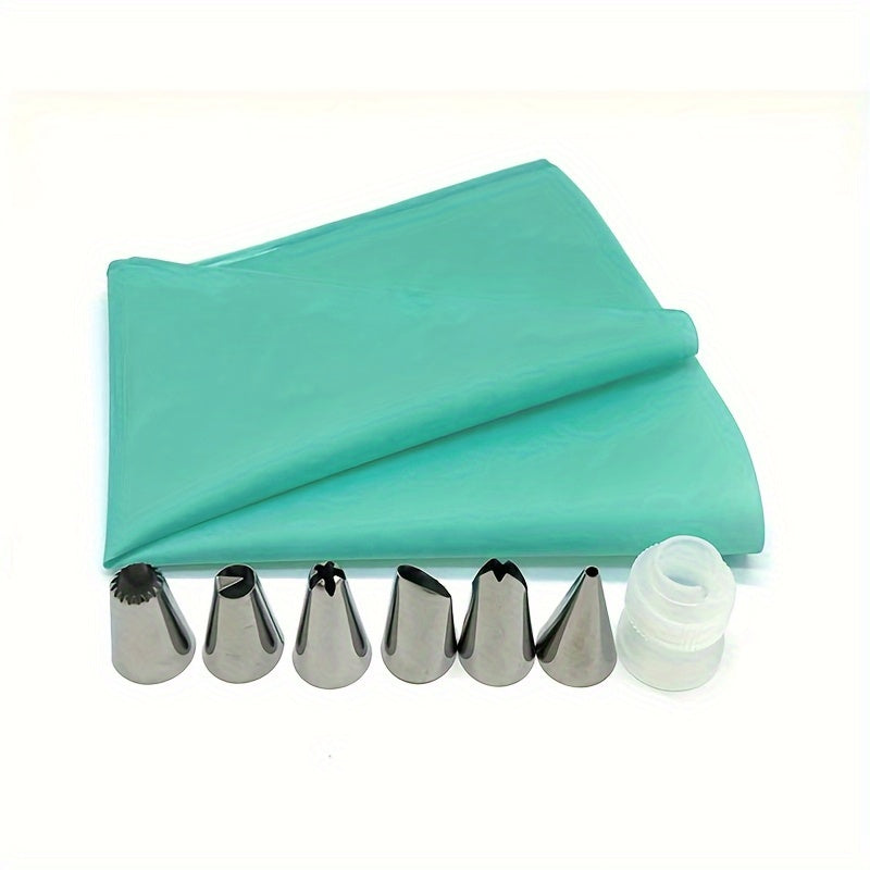 This set includes 8 pieces of Weluvfit Silicone Icing Piping Bags, featuring reusable pastry piping bags with 6 stainless steel nozzles. The DIY cake decorating supplies kit includes 6 nozzles, 1 pastry bag, and 1 white converter. It is easy to use and