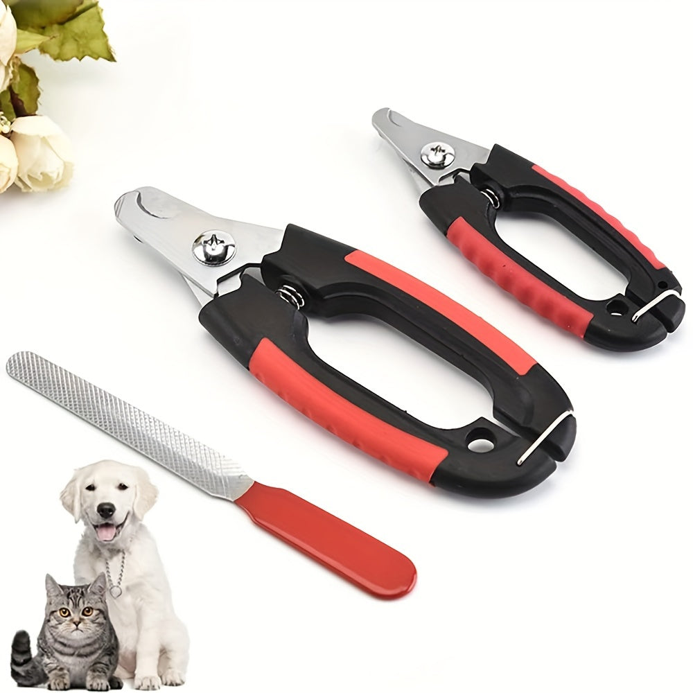 Professional dog nail clippers set with 4pcs, stainless steel, safety guard, non-slip handle, includes storage case and nail file. Suitable for all dog breeds, no battery required.