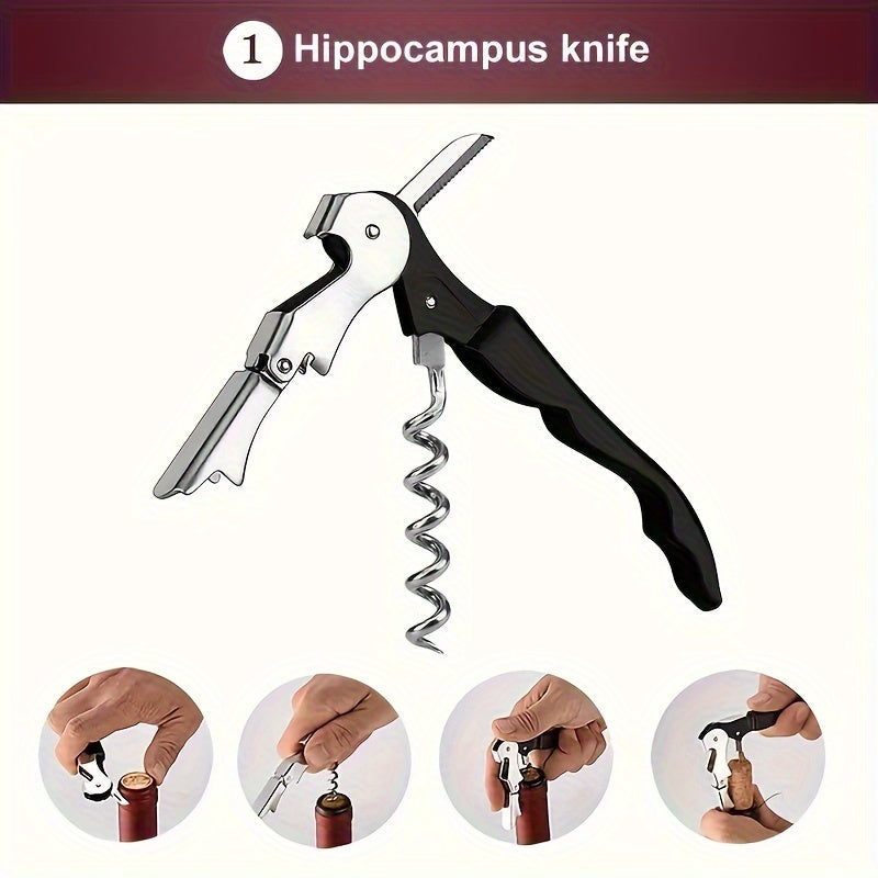 5 piece Creative Red Wine Bottle Opener Tool Set, includes Opener, Foil Cutter, Drip Ring, Pourer, Stopper Kit.