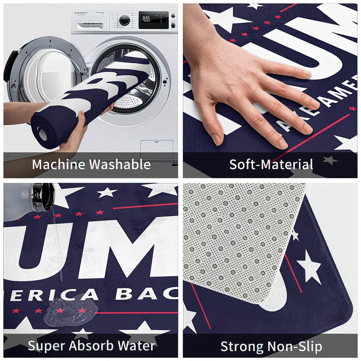 Trump Take America Back Doormat available in two sizes: 74.93cm x 44.96cm and 119.89cm x 44.96cm. Features: Machine washable, non-slip, and durable for long-lasting use.