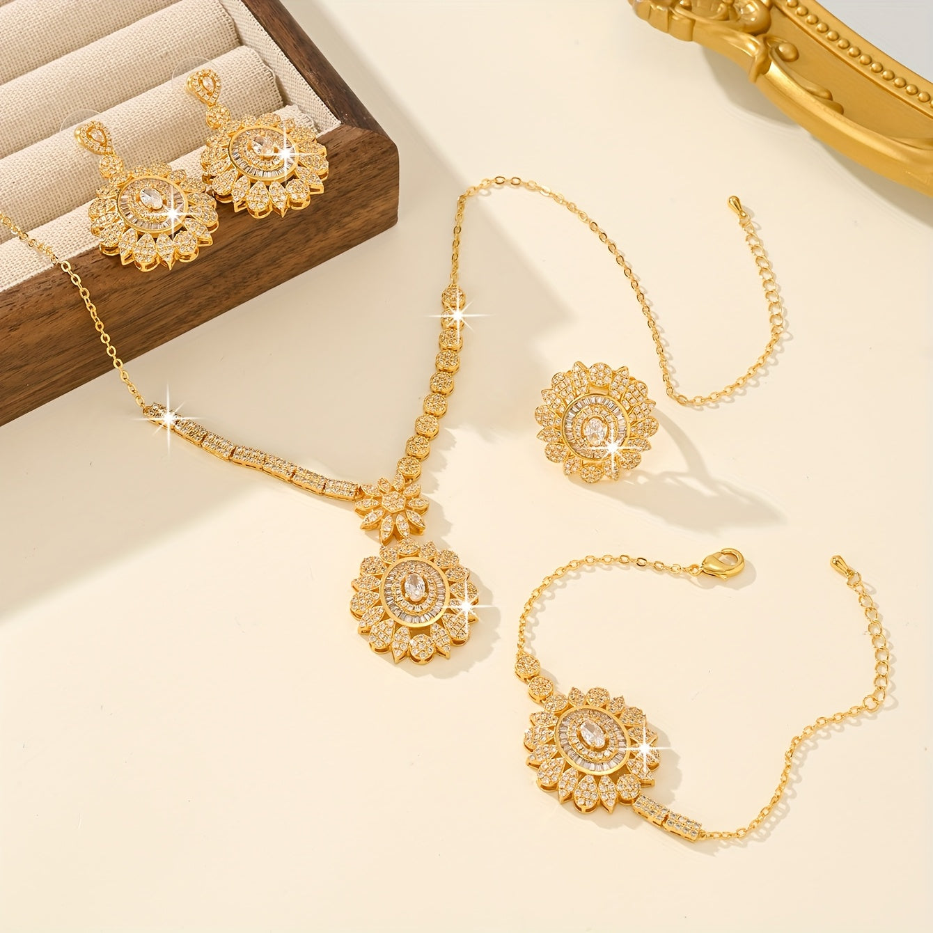 Luxurious Sunflower Design Bridal Jewelry Set, 5 Pieces, Made with 18K Gold-Plated Copper and Natural Zirconia, Synthetic Stones. Perfect for Daily or Wedding Wear, Great Gift for Loved Ones.