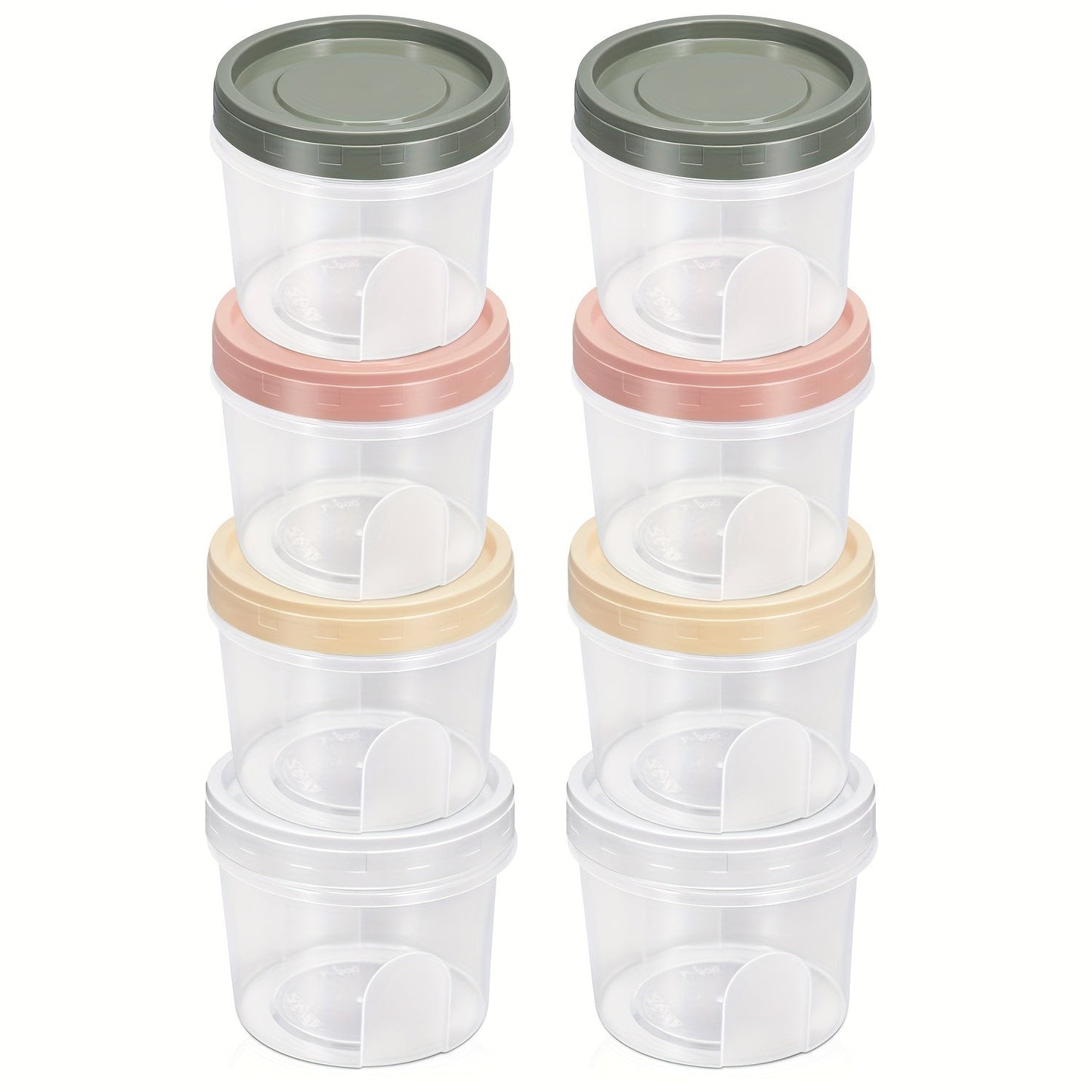 Five pieces of round plastic containers with reusable lids, ideal for storing food, snacks, and lunch. These small freezer storage jars come with screw lids and are microwave safe.