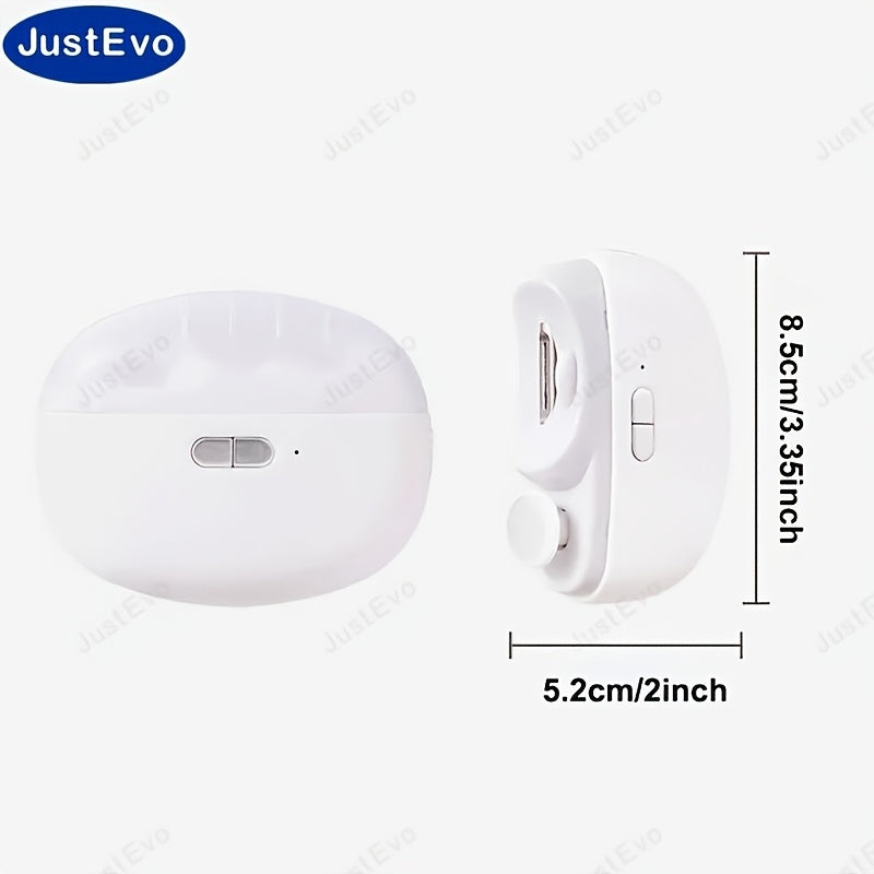 JUSTEVO Electric Nail Clipper is a USB rechargeable tool with a 400mAh lithium polymer battery. It is perfect for manicure, nail filing, polishing, and shaping. An ideal gift for friends