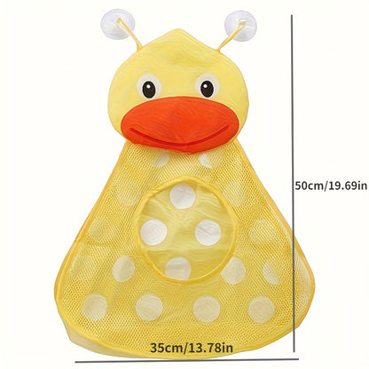 Adorable frog and duck hanging storage bag with suction cups. Made of lightweight PVC and polyester mesh. Mounts on wall for bathroom accessories, toys, and more. Green and yellow. Perfect bathroom organizer.