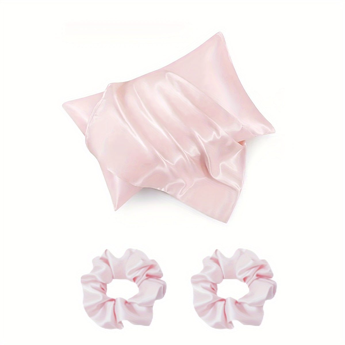 Luxurious satin pillowcase and hair scrunchies with minimalist design. Ideal for home, hotel, or bedroom use. Includes matching set of 2 scrunchies.