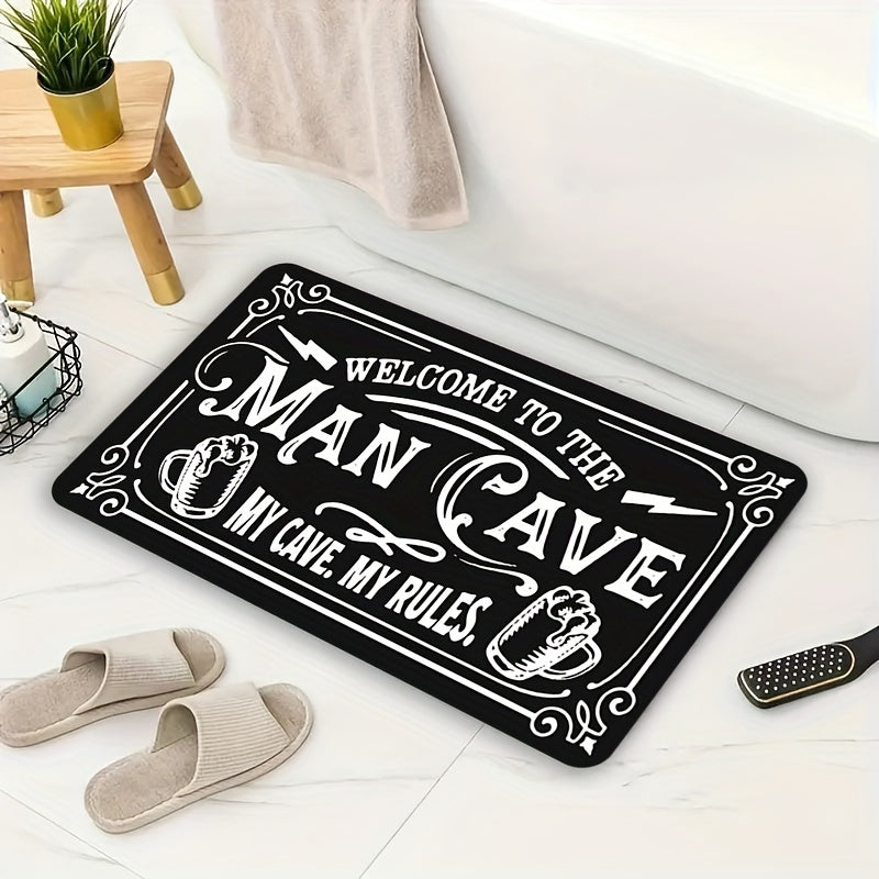 Rectangular "Welcome to the Man Cave" Door Mat - Perfect for Christmas, Halloween, Easter, Hanukkah, Thanksgiving Decor. Made of Polyester, Machine Washable, Non-Slip, Indoor Entrance Bath Rug - Ideal for Home Kitchen Decor. 1pc.