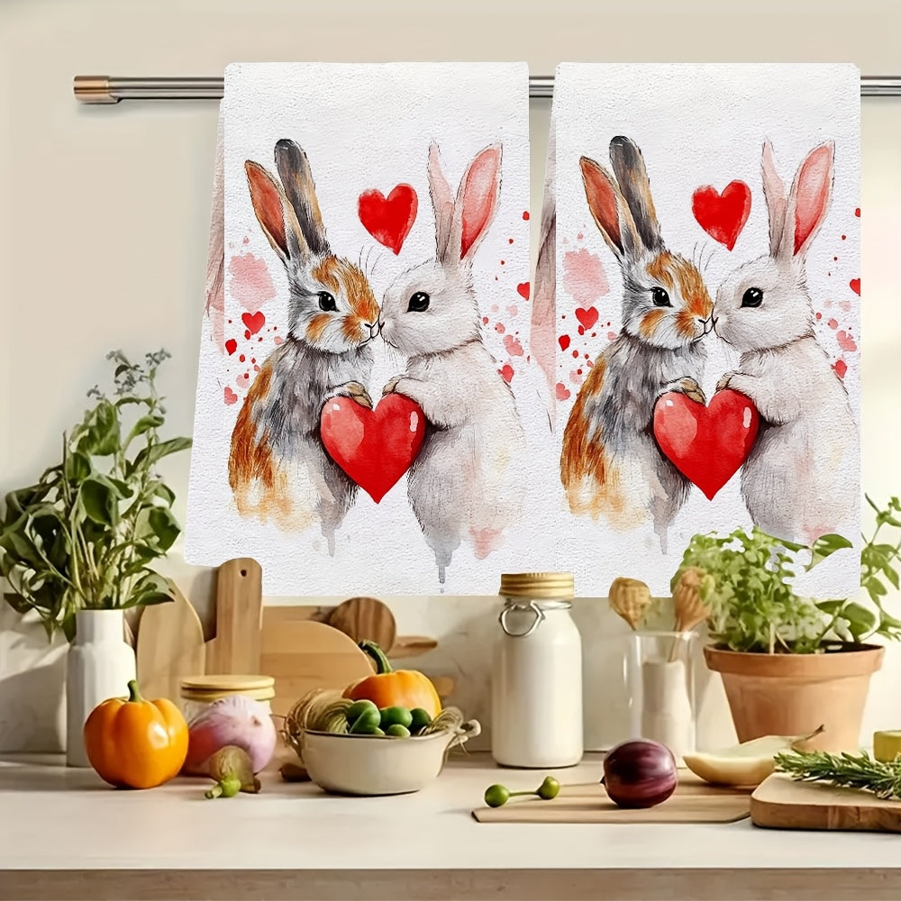 Celebrate Valentine's Day with these 2 ultra soft kitchen towels featuring an adorable bunny and heart design. Made from highly absorbent polyester, these dish hand towels are easy to clean as they are machine washable. Their contemporary style and